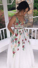 Charming V Neck A Line Classy Prom Dress With Embroidery, Open Back Classy Evening Dress