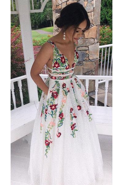 Charming V Neck A Line Classy Prom Dress With Embroidery, Open Back Classy Evening Dress