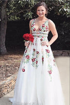 Charming V Neck A Line Classy Prom Dress With Embroidery, Open Back Classy Evening Dress