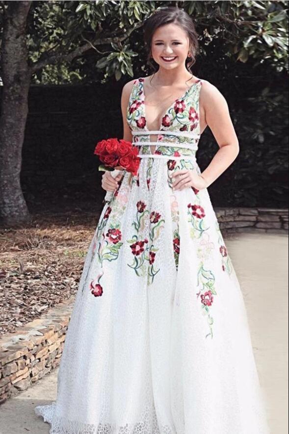 Charming V Neck A Line Classy Prom Dress With Embroidery, Open Back Classy Evening Dress