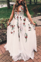 Charming V Neck A Line Classy Prom Dress With Embroidery, Open Back Classy Evening Dress