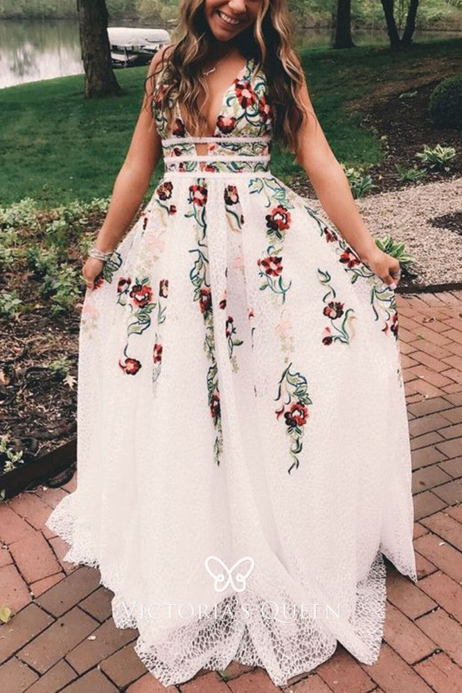 Charming V Neck A Line Classy Prom Dress With Embroidery, Open Back Classy Evening Dress