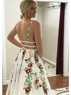 Charming V Neck A Line Classy Prom Dress With Embroidery, Open Back Classy Evening Dress
