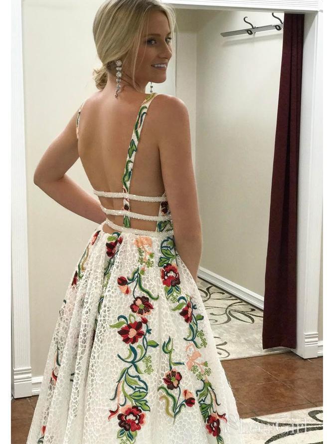 Charming V Neck A Line Classy Prom Dress With Embroidery, Open Back Classy Evening Dress
