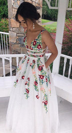 Charming V Neck A Line Classy Prom Dress With Embroidery, Open Back Classy Evening Dress