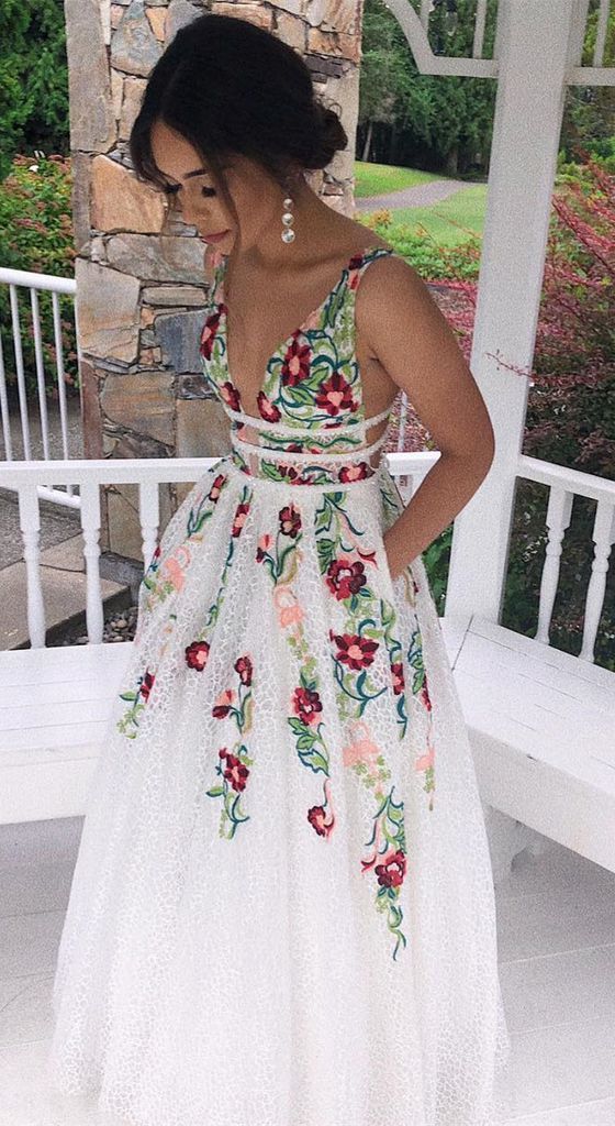 Charming V Neck A Line Classy Prom Dress With Embroidery, Open Back Classy Evening Dress