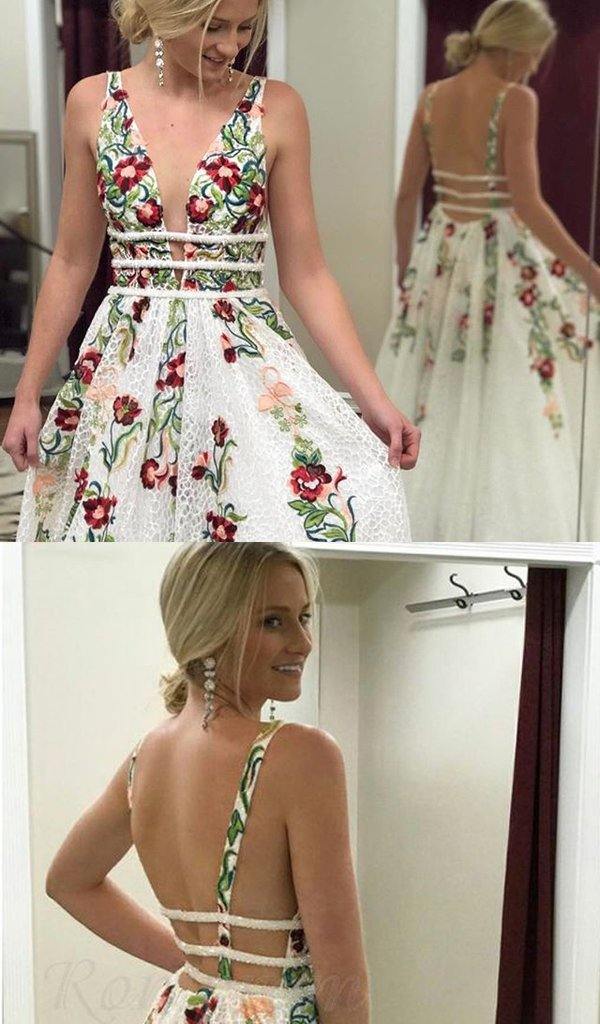 Charming V Neck A Line Classy Prom Dress With Embroidery, Open Back Classy Evening Dress