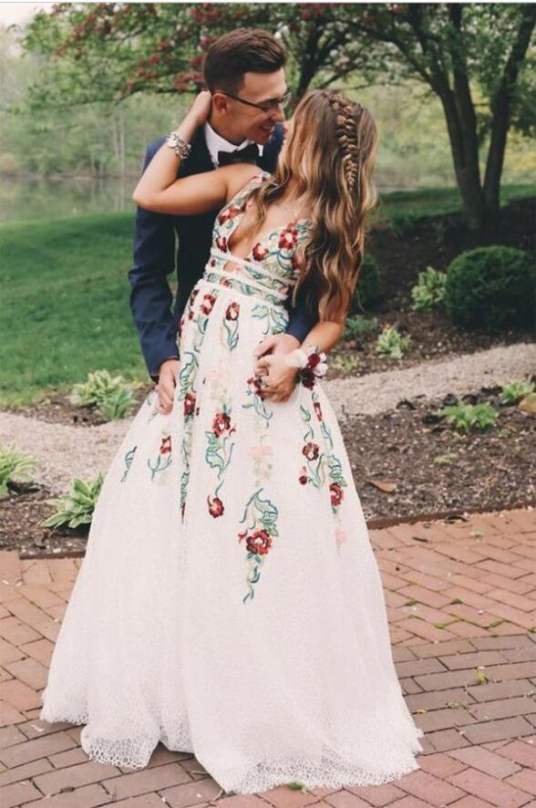 Charming V Neck A Line Classy Prom Dress With Embroidery, Open Back Classy Evening Dress Main image