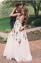 Charming V Neck A Line Classy Prom Dress With Embroidery, Open Back Classy Evening Dress