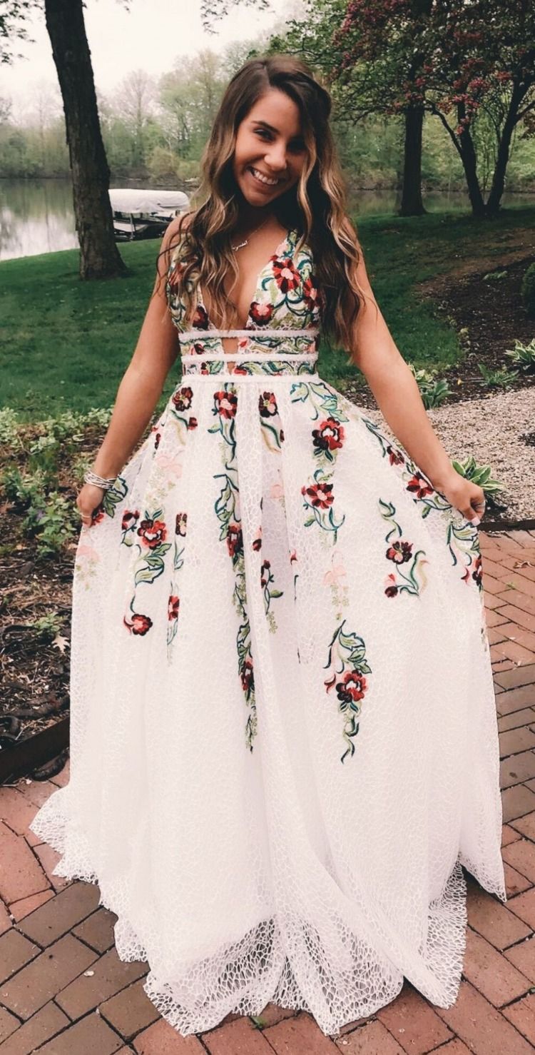 Charming V Neck Floral Embroidery Long Lace Classy Prom Dress With Pocket