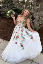 Charming V Neck Floral Embroidery Long Lace Classy Prom Dress With Pocket
