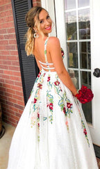Charming V Neck Floral Embroidery Long Lace Classy Prom Dress With Pocket
