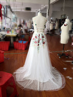 Charming V Neck Floral Embroidery Long Lace Classy Prom Dress With Pocket