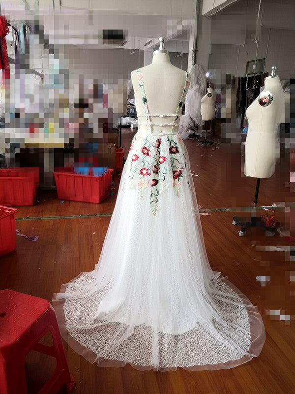 Charming V Neck Floral Embroidery Long Lace Classy Prom Dress With Pocket