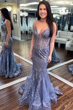 Charming V Neck Lace Mermaid Classy Prom Dress Long Classy Evening Dress