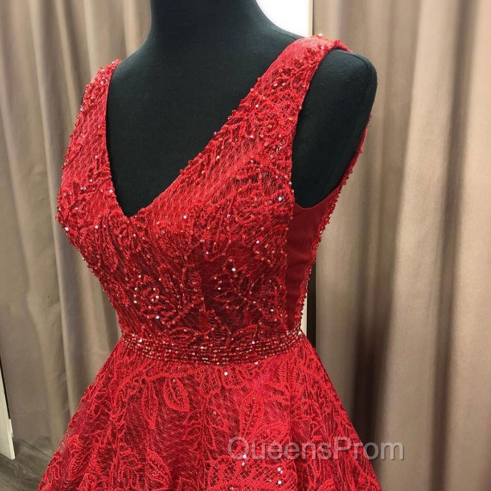 Charming V-neck Sleeveless Evening Prom Party Gowns| Affordable Red Lace Beading Long Evening Prom Gown Secondary image
