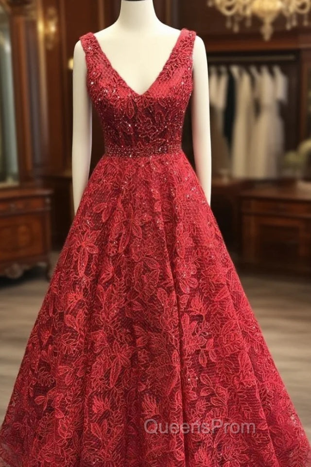 Charming V-neck Sleeveless Evening Prom Party Gowns| Affordable Red Lace Beading Long Evening Prom Gown Main image