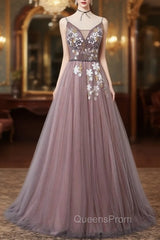 Charming V-neckline Flowers Dark Pink Evening Prom Gown, Long Evening Dress