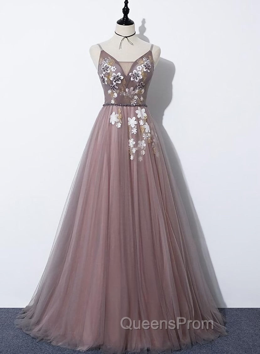 Charming V-neckline Flowers Dark Pink Evening Prom Gown, Long Evening Dress Main image