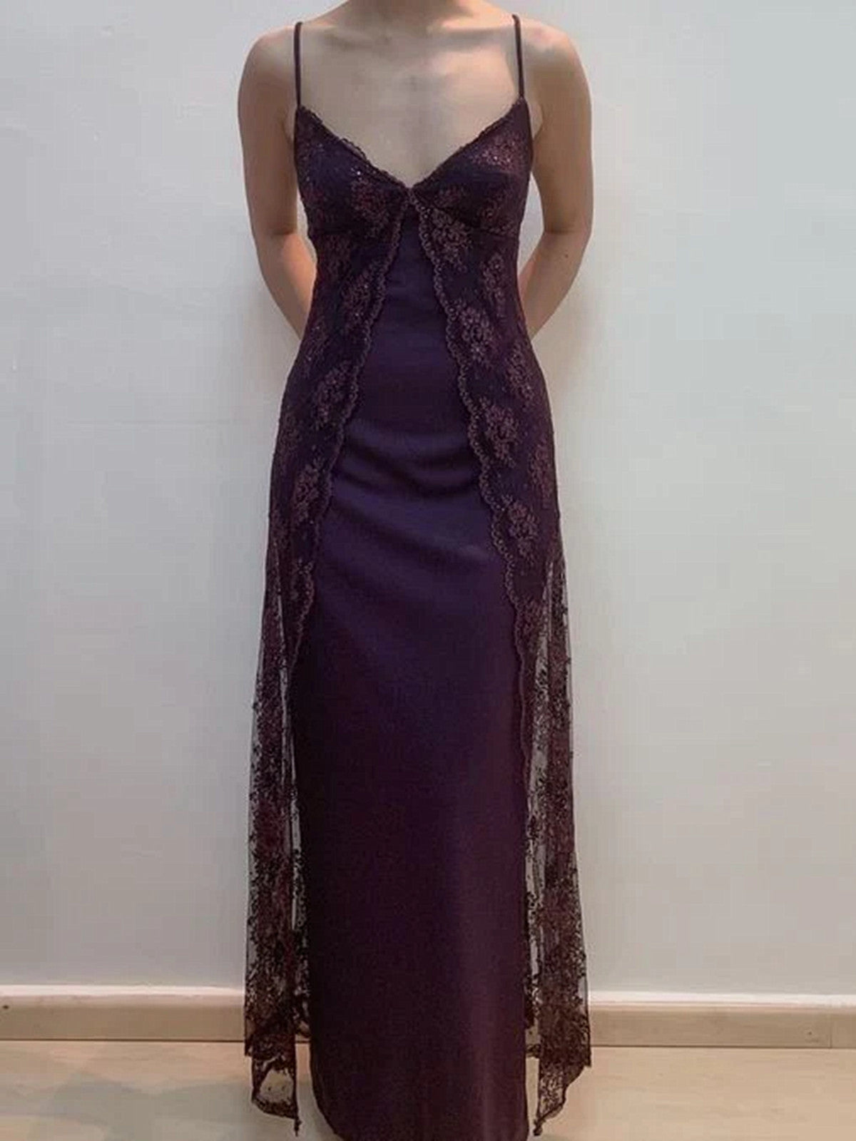 Charming V-Neckline Purple Lace Straps A-Line Classy Prom Dress, Purple Long Classy Dress