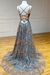 Charming V-Necklinetulle Sequins Long Evening Prom Dress, V-Neck Backless Formal Dress