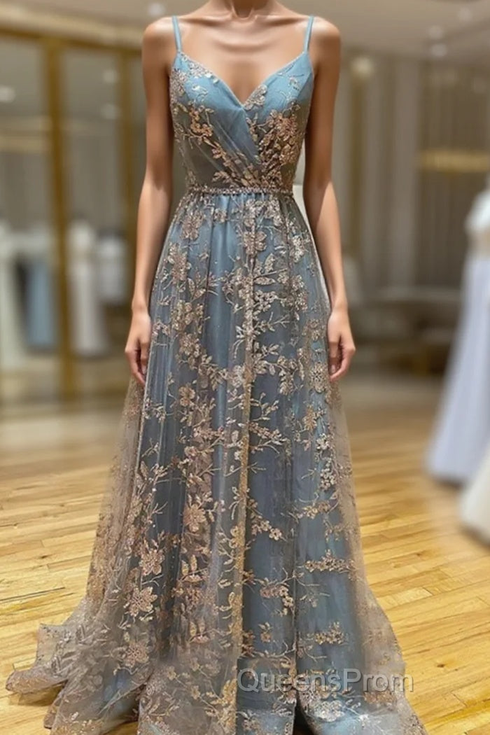 Charming V-Necklinetulle Sequins Long Evening Prom Dress, V-Neck Backless Formal Dress Main image