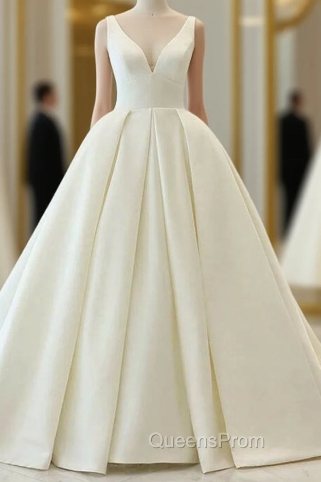 Charming White Ball Gown Satin V-neck Backless Wedding Dress Main image