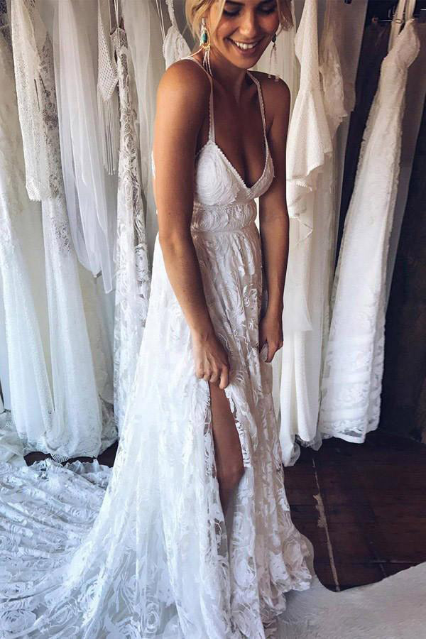 Charming Ivory Lace Floor Length V Neck Long Wedding Dress On Line