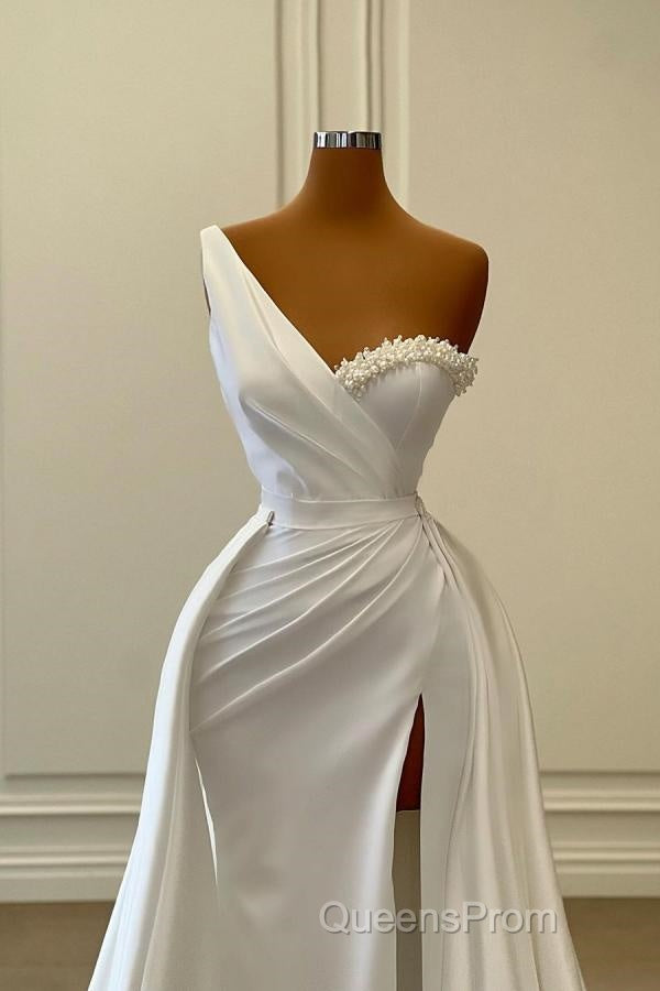 Charming White Long Mermaid One Shoulder Satin Beading Formal Evening Prom Dress Secondary image