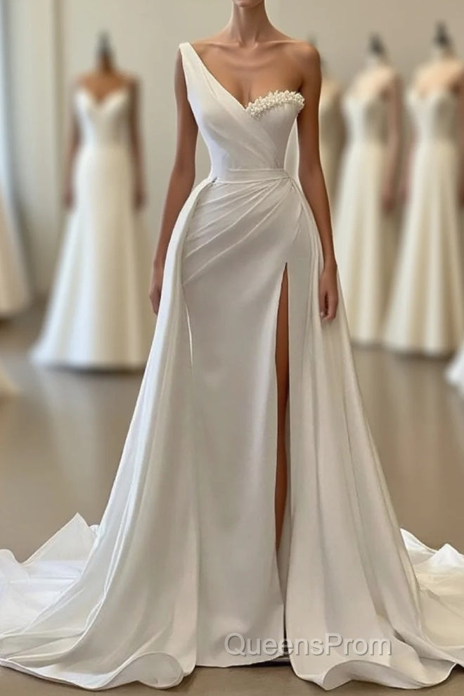Charming White Long Mermaid One Shoulder Satin Beading Formal Evening Prom Dress Main image