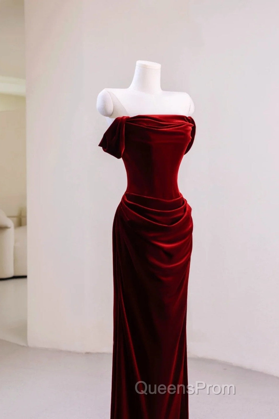 Charming Wine Red Mermaid Off Shoulder Velvet Formal Dress, Wine Red Long Evening Prom Dress Secondary image