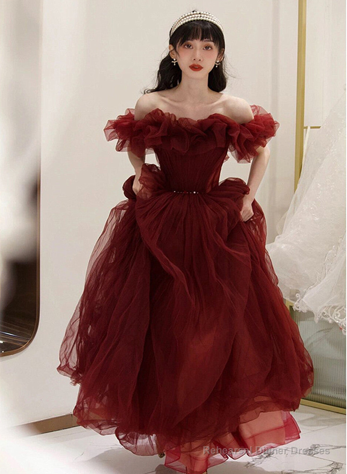 Charming Wine Red Off Shoulder Tulle Beaded Party Dress, Wine Red Prom Dress Main image