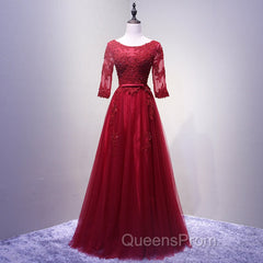 Charming Wine Red Short Sleeves Lace Applique Wedding Party Dress, Evening Gown