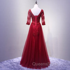 Charming Wine Red Short Sleeves Lace Applique Wedding Party Dress, Evening Gown