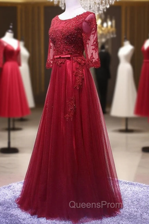 Charming Wine Red Short Sleeves Lace Applique Wedding Party Dress, Evening Gown