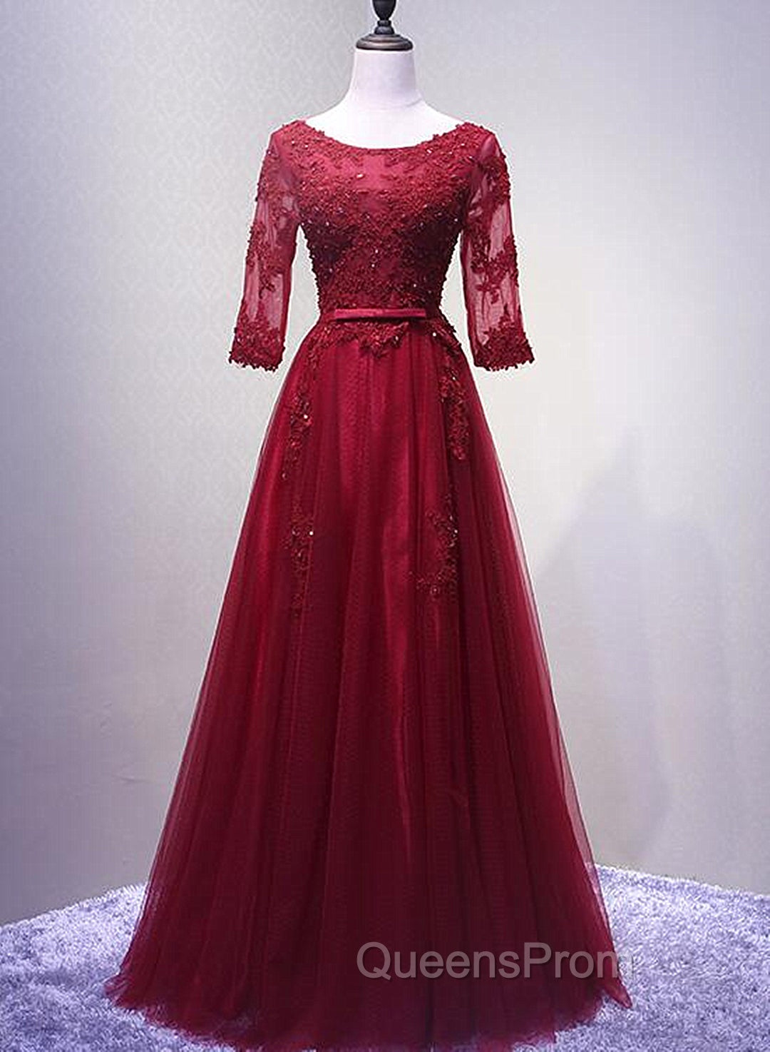 Charming Wine Red Short Sleeves Lace Applique Wedding Party Dress, Evening Gown Main image
