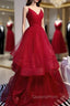 Charming Wine Red Straps Sweetehart Layers Tulle Evening Prom Dress, Long Party Dress