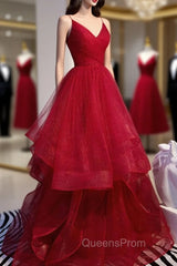 Charming Wine Red Straps Sweetehart Layers Tulle Evening Prom Dress, Long Party Dress