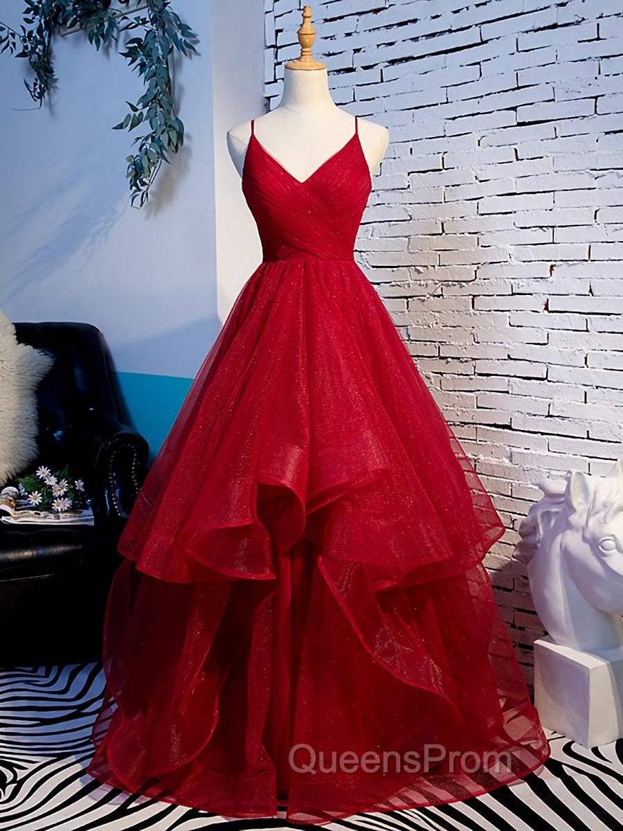 Charming Wine Red Straps Sweetehart Layers Tulle Evening Prom Dress, Long Party Dress Main image