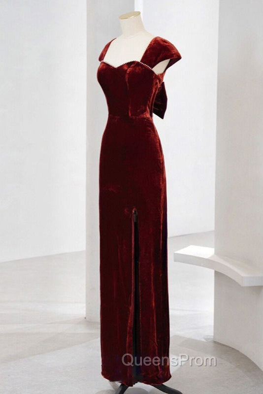 Charming Wine Red Velvet Cap Sleeves Long Party Dress, Wedding Party Dress Secondary image