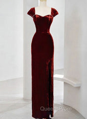 Charming Wine Red Velvet Cap Sleeves Long Party Dress, Wedding Party Dress