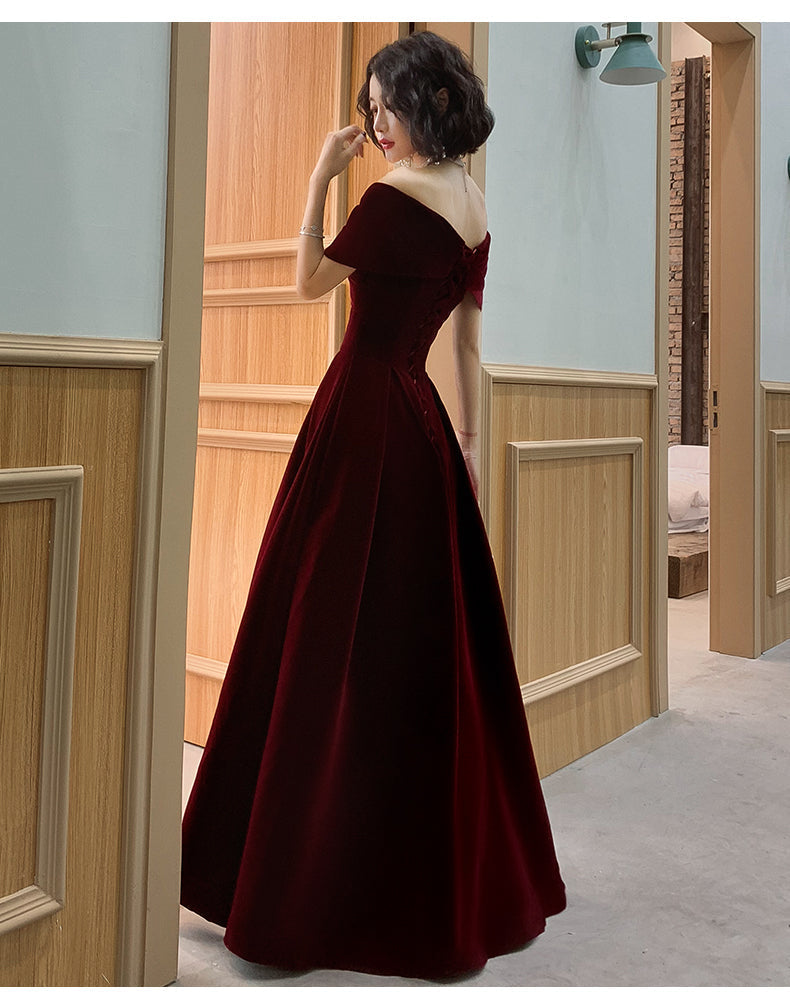 Charming Wine Red Velvet Off Shoulder Long Party Dress, A-Line Classy Prom Dress