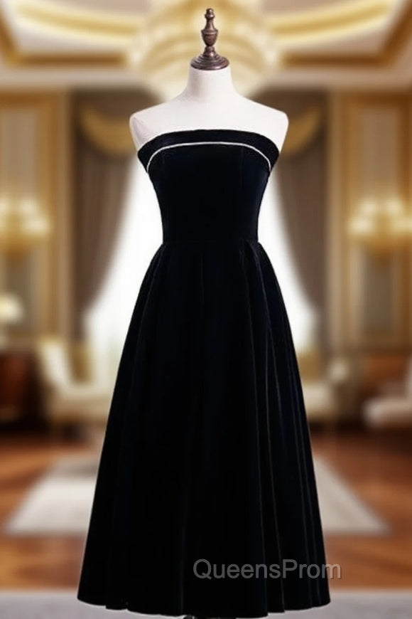 Cheap Black Velvet Strapless Tea Length Evening Prom Dress