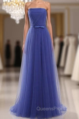 Cheap Blue Tulle Strapless Long Simple Evening Prom Dress With Bow