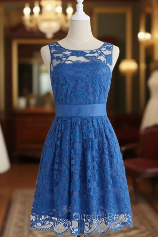 Cheap bridesmaid Dress,Bridesmaid Dress, Simple Royal Blue Scoop Lace Short Knee Length Main image