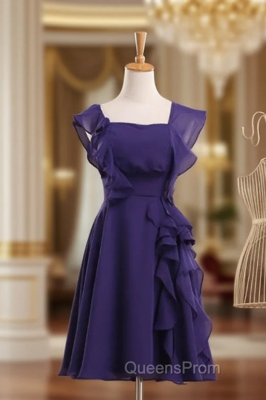 Cheap bridesmaid Dress Square Neck Short Bridesmaid Dress Purple Chiffon Dress