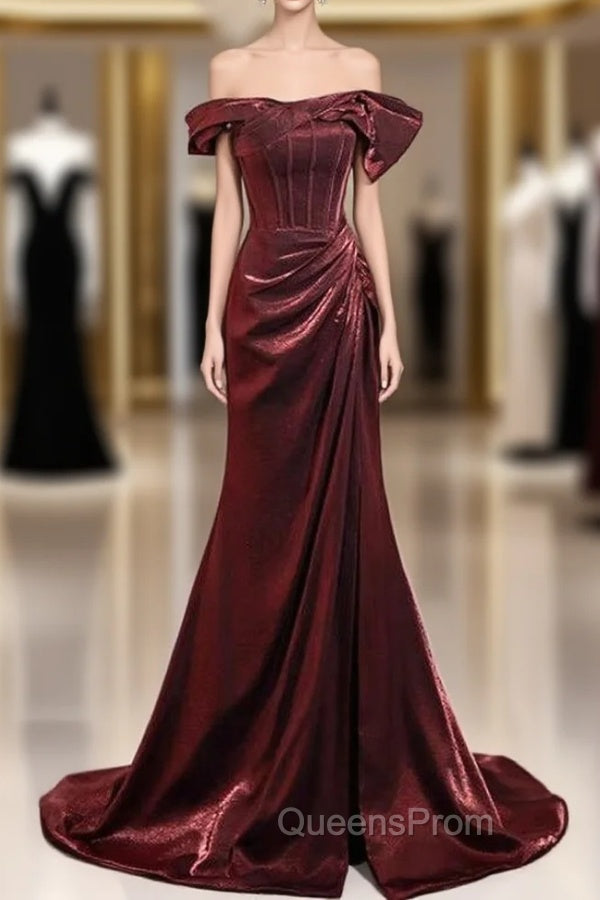 Cheap Burgundy mermaid Off the Shoulder Pleats Evening Prom Dress