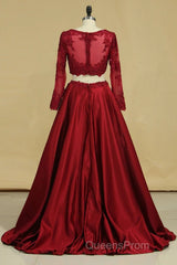 Cheap Burgundy Two-Piece Evening Prom Dress A Line Satin Lace Applique