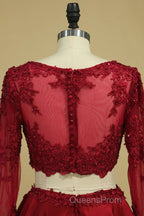 Cheap Burgundy Two-Piece Evening Prom Dress A Line Satin Lace Applique