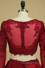 Cheap Burgundy Two-Piece Evening Prom Dress A Line Satin Lace Applique